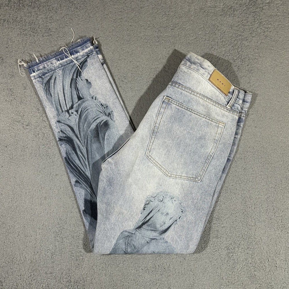 MNML Y2K Angel Statue Graphic Straight Leg Jeans Mens 38 Blue Denim #4061